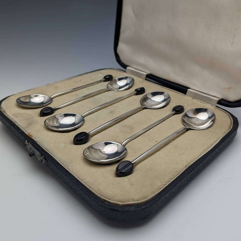 British vintage silver plated demitasse spoon set of 6 in a case