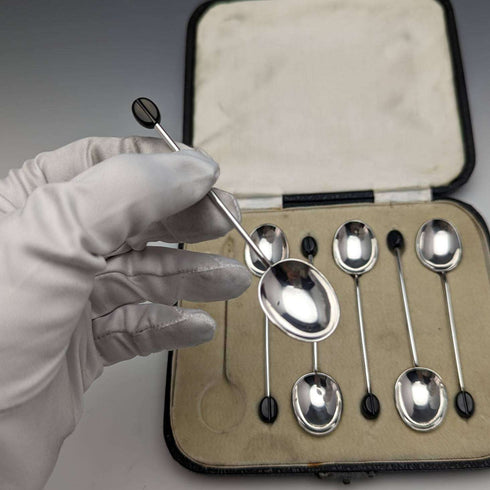 British vintage silver plated demitasse spoon set of 6 in a case