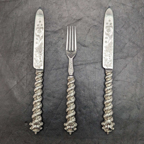 英國古董純銀手柄餐具(刀 x2 叉子 x1)MARTIN HALL