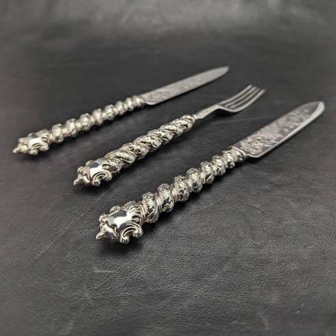 英国アンティーク ソリッドシルバーハンドル カトラリー(ナイフx2 フォークx1) MARTIN HALL