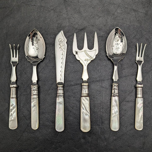 British vintage silver plate dessert cutlery set white butterfly shell handle