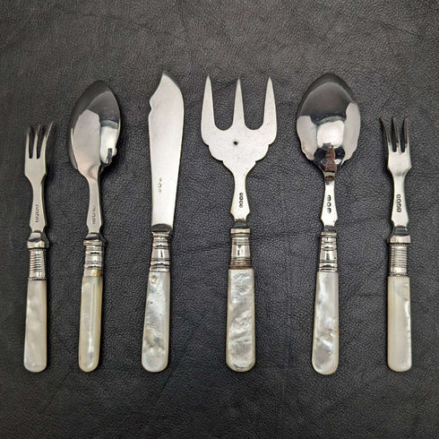 British vintage silver plate dessert cutlery set white butterfly shell handle