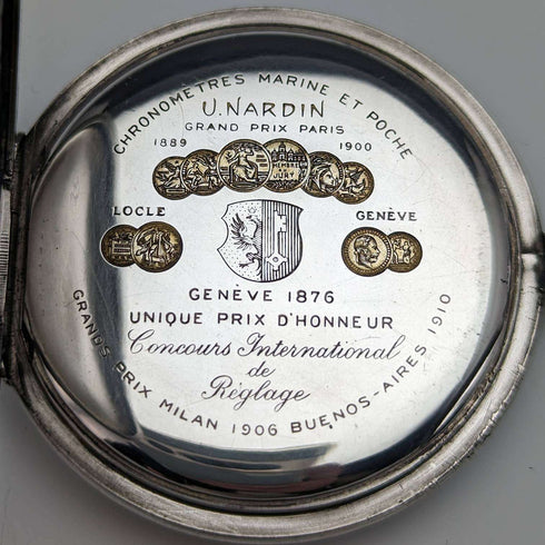 Around 1910 Antique Ulysse Nardin pocket watch Wild beast engraving Silver hunter case Works well
