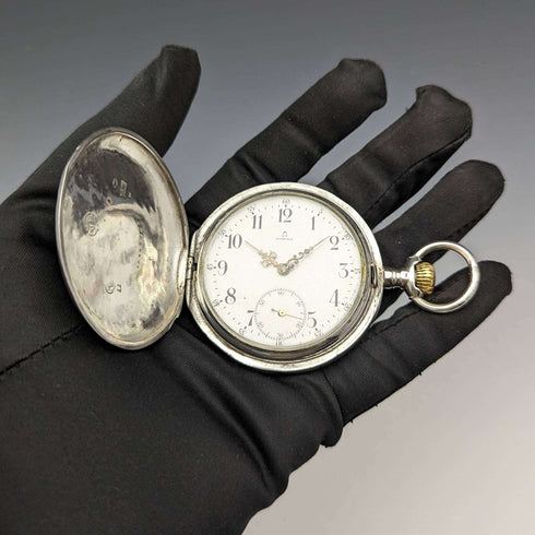 Around 1900 Antique Omega pocket watch silver side hunter case works well