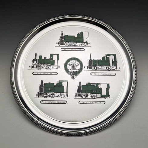 Bandeja vintage británica de placa de cromo con diseño de locomotora, 30 cm de diámetro