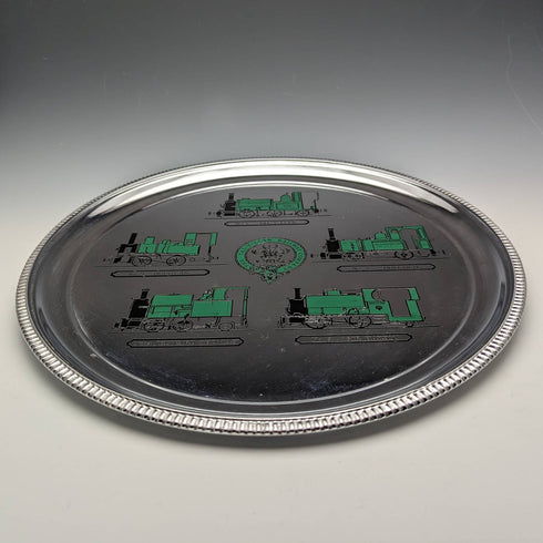 Bandeja vintage británica de placa de cromo con diseño de locomotora, 30 cm de diámetro