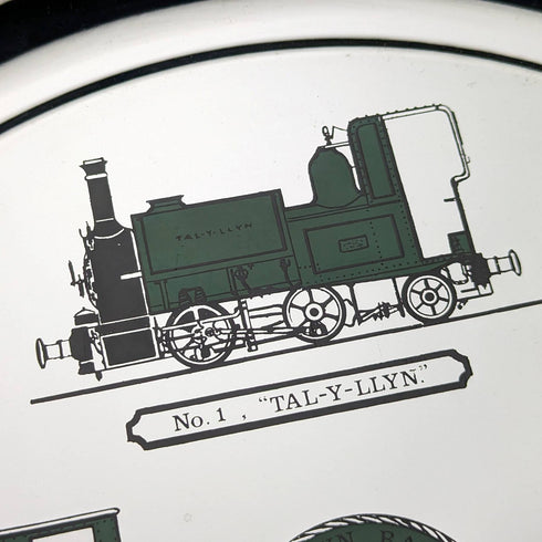 Bandeja vintage británica de placa de cromo con diseño de locomotora, 30 cm de diámetro
