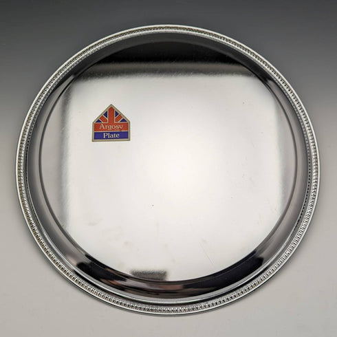 Bandeja vintage británica de placa de cromo con diseño de locomotora, 30 cm de diámetro