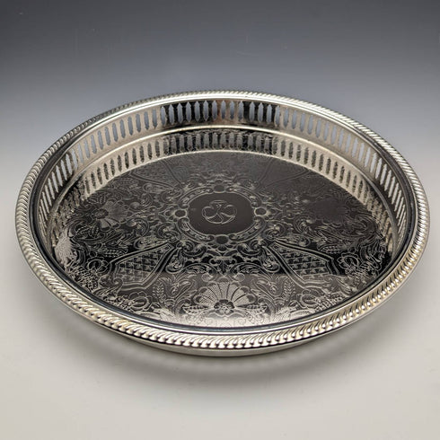 英国ヴィンテージ シルバープレート製 ギャラリートレイ 直径28cm 紙箱入り