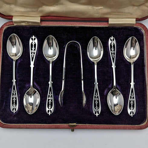 1907年 英国アンティーク 純銀製ティースプーン6本&シュガートングセット ケース入り James Dixon