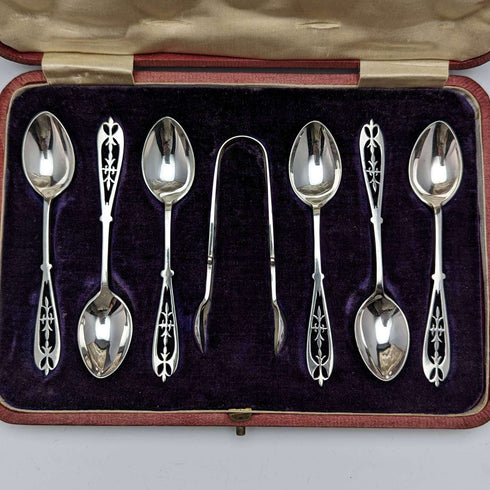 1907 British antique sterling silver teaspoon 6 & sugar tong set in case James Dixon