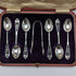 1907 British antique sterling silver teaspoon 6 & sugar tong set in case James Dixon