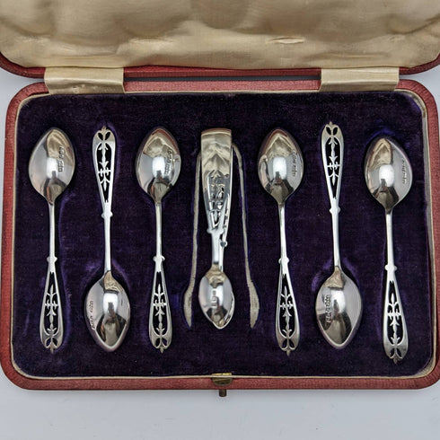 1907年 英国アンティーク 純銀製ティースプーン6本&シュガートングセット ケース入り James Dixon