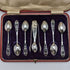 1907 British antique sterling silver teaspoon 6 & sugar tong set in case James Dixon