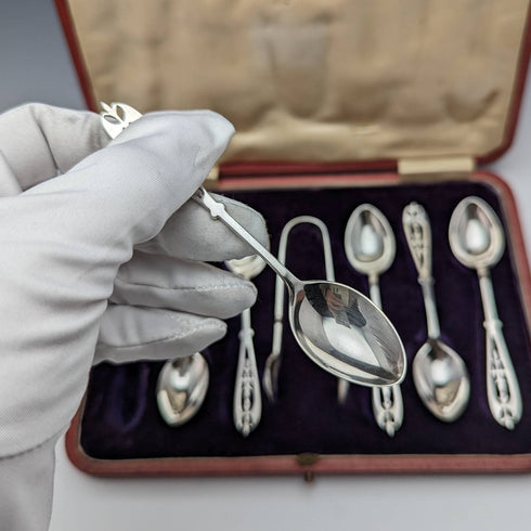 1907年 英国アンティーク 純銀製ティースプーン6本&シュガートングセット ケース入り James Dixon