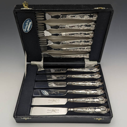 1975年 英国ヴィンテージ 純銀製ハンドル テーブルカトラリー 6ペアセット ケース入