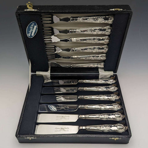 1975 British vintage sterling silver handle table cutlery 6 pair set in case