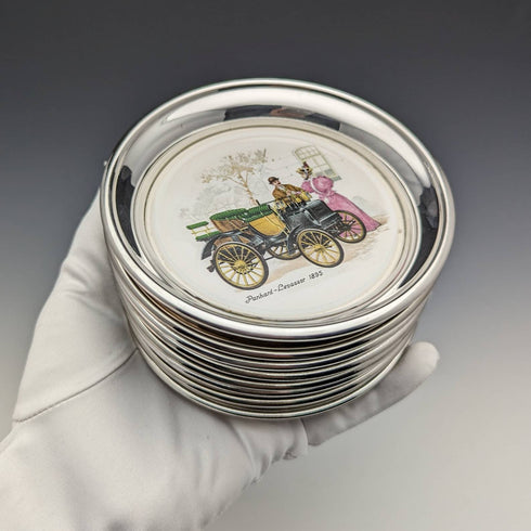 一套 8 個英國復古鍍銀經典汽車印花杯墊