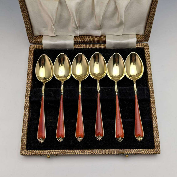 1955 年英國復古純銀茶匙 6 件套琺瑯裝飾盒