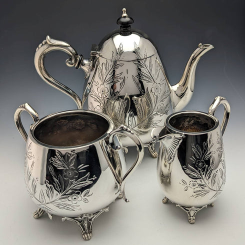 English vintage plate pewter 3-piece teapot set
