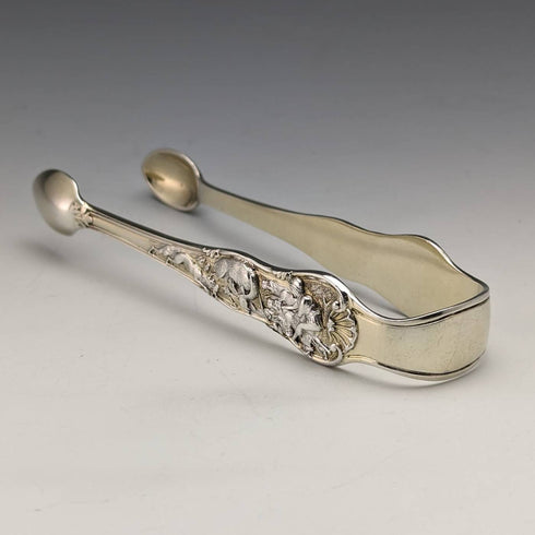 Pinzas para azúcar de plata esterlina antigua británica de 1876, grabado en relieve