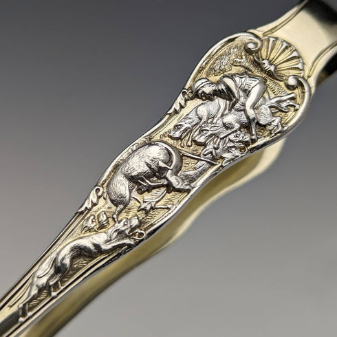 Pinzas para azúcar de plata esterlina antigua británica de 1876, grabado en relieve