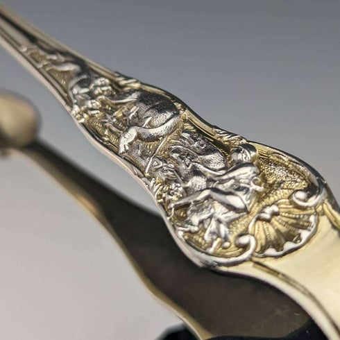 Pinzas para azúcar de plata esterlina antigua británica de 1876, grabado en relieve