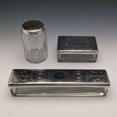 1863 British Antique Sterling Silver Lid Glass Vessel Set of 3 Pittway Brothers