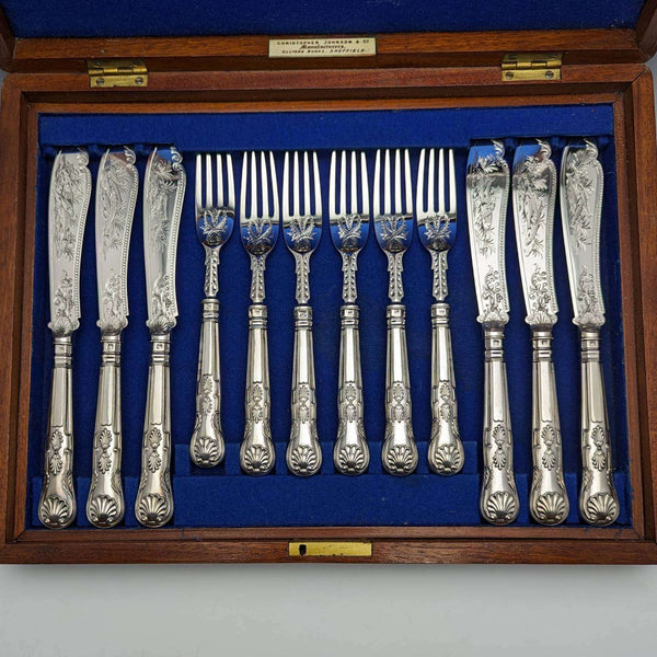 1870年 英国アンティーク 純銀製 フィッシュカトラリー 6ペアセット 箱入り William Marshall