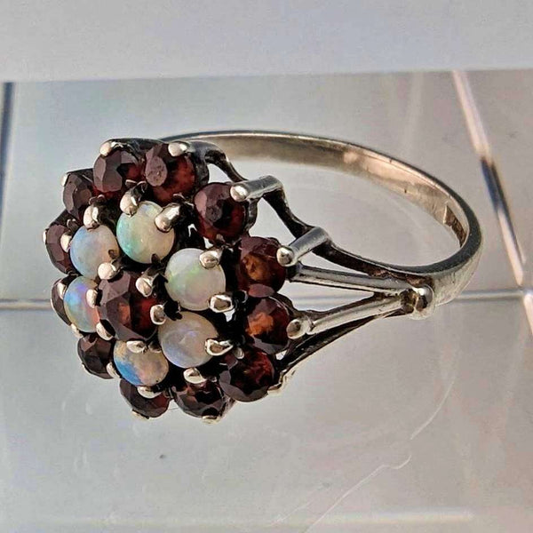 英國復古珠寶石榴石和珍珠純銀戒指