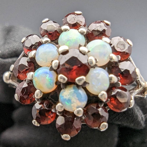 英國復古珠寶石榴石和珍珠純銀戒指