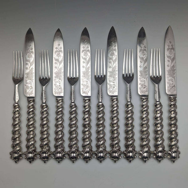 British Antique Solid Silver Handle Cutlery 6 Pair Set MARTIN HALL