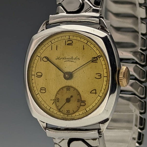 1946年 英国ヴィンテージ ラッセル 腕時計 純銀ケース 蛇腹ベルト 動作良好