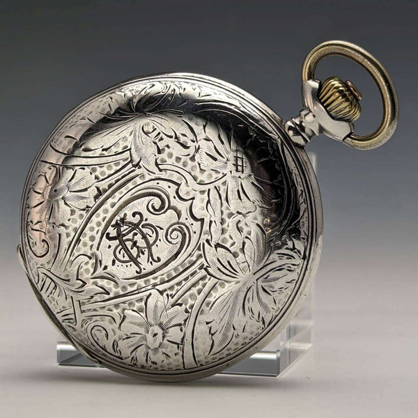 Around 1910 Antique Omega pocket watch Flower engraving Silver side hunter case Works well