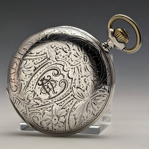 1910年頃 アンティーク オメガ 懐中時計 花彫刻 銀側ハンターケース 動作良好