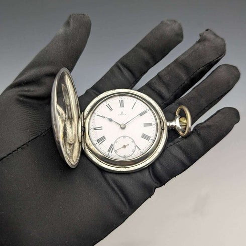 Around 1910 Antique Omega pocket watch Flower engraving Silver side hunter case Works well