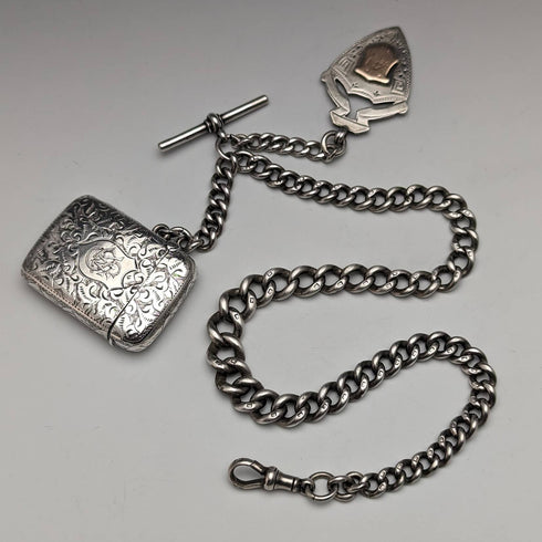 Around 1900 British Antique Sterling Silver Albert Chain 88g Vesta Case & Medal Fob