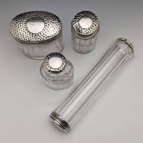 Around 1910 British Antique Pure Silver Lid Glass Bottle Set of 4 Percy Whitehouse