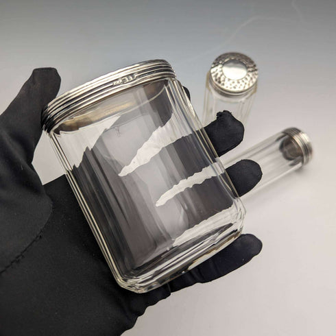 Around 1910 British Antique Pure Silver Lid Glass Bottle Set of 4 Percy Whitehouse