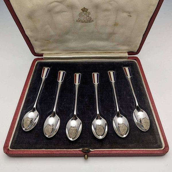 1936 年英國復古琺瑯裝飾純銀茶匙 6 件裝盒裝