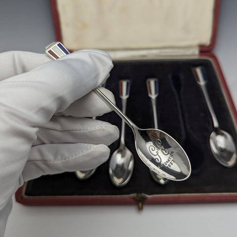 1936年 英国ヴィンテージ エナメル装飾 純銀製ティースプーン6本セット ケース入り