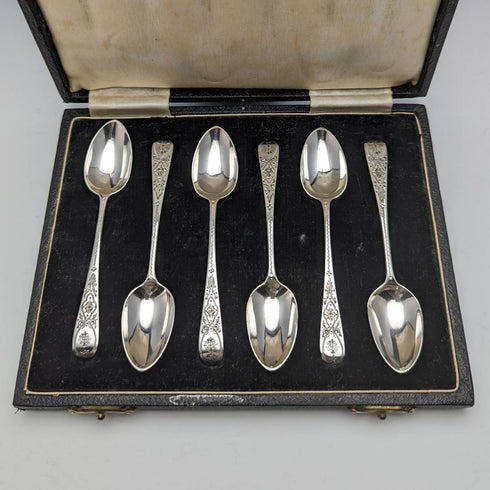 1884 British antique sterling silver teaspoon set of 6 in a case
