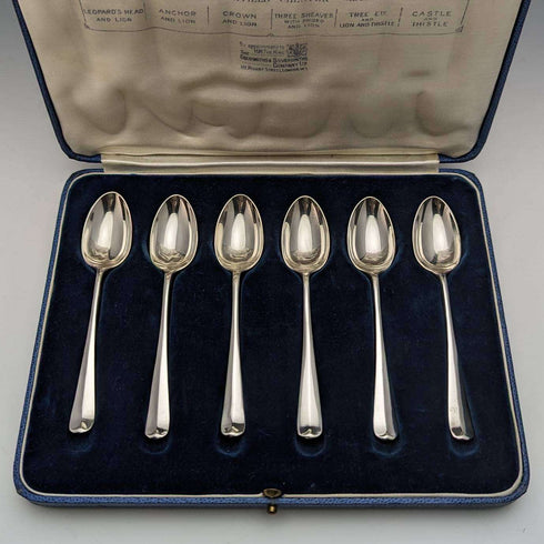 Juego de 6 cucharillas de té de plata de ley vintage británicas de 1935 con marcas múltiples, en estuche