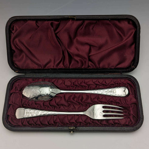 Around 1895 English Antique Silver Plated Christening Cutlery Set Henry Atkin Case Included