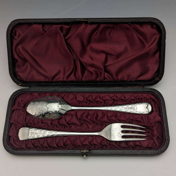 Around 1895 English Antique Silver Plated Christening Cutlery Set Henry Atkin Case Included
