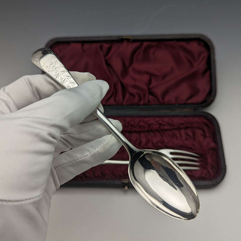 Around 1895 English Antique Silver Plated Christening Cutlery Set Henry Atkin Case Included