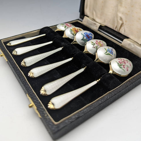 1958年 英国ヴィンテージ 純銀製 金メッキ&エナメル花装飾 ティースプーン6本セット ケース入