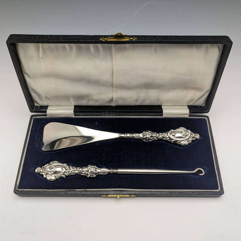 1913 British Antique Pure Silver Handle Shoehorn Button Hook Set ES Barnsley