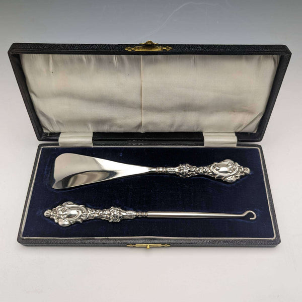 1913 British Antique Pure Silver Handle Shoehorn Button Hook Set ES Barnsley