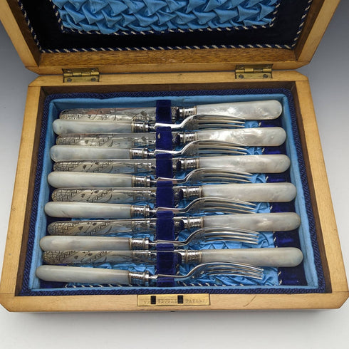 1880 British antique white butterfly shell handle dessert cutlery 6 pair set William Batt and Sons wooden box
